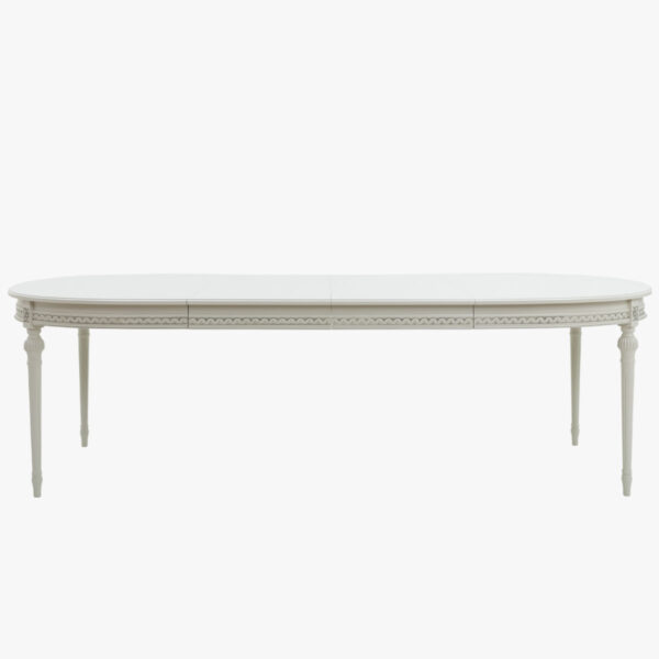 Kustavilainen ruokapöytä ovaali, väri helmenharmaa-patina, jatkettu kahdella palalla.