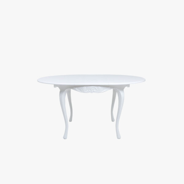 Talonpoikaisrokokoo ruokapöytä pyöreä, väri valkoinen.