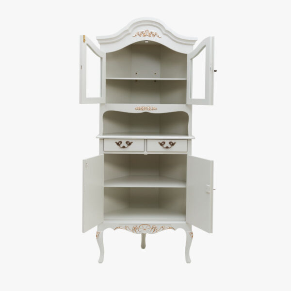 Talonpoikaisrokokoo nurkkakaappi / kulmakaappi, väri helmenharmaa-kulta,