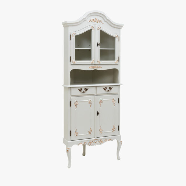 Talonpoikaisrokokoo nurkkakaappi / kulmakaappi, väri helmenharmaa-kulta,