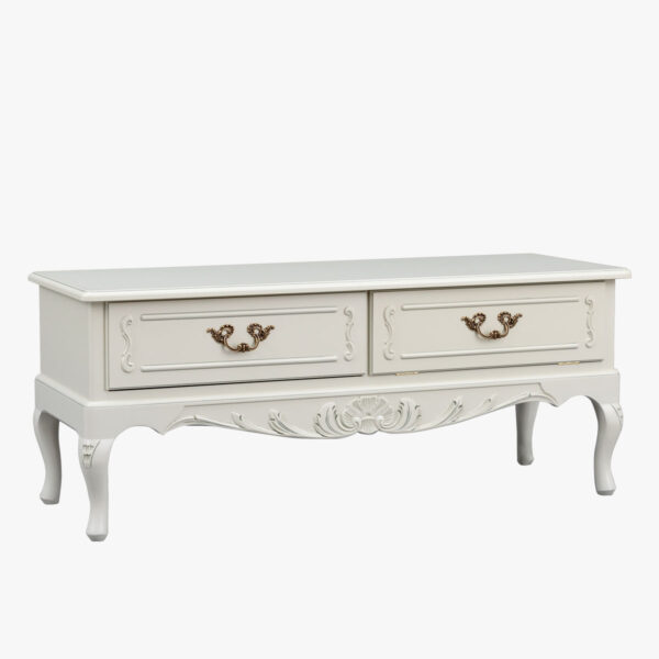 Talonpoikaisrokokoo tv-taso 2-osainen, väri helmenharmaa-patina.