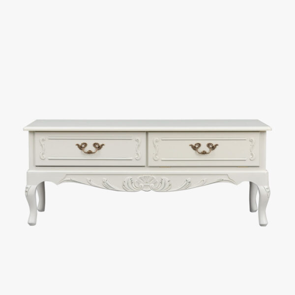 Talonpoikaisrokokoo tv-taso 2-osainen, väri helmenharmaa-patina.