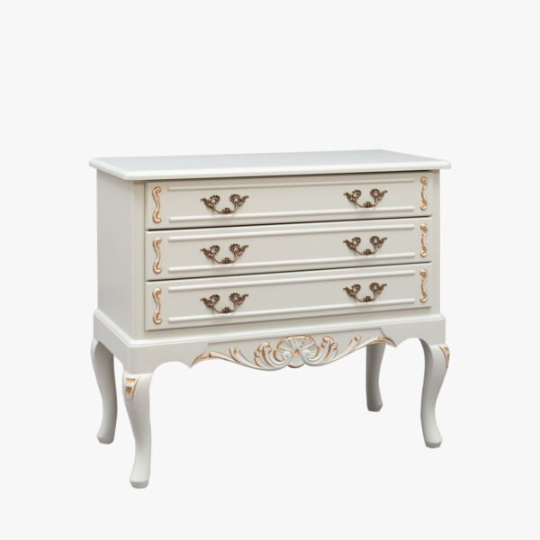 Talonpoikaisrokokoo lipasto, helmenharmaa-kulta.