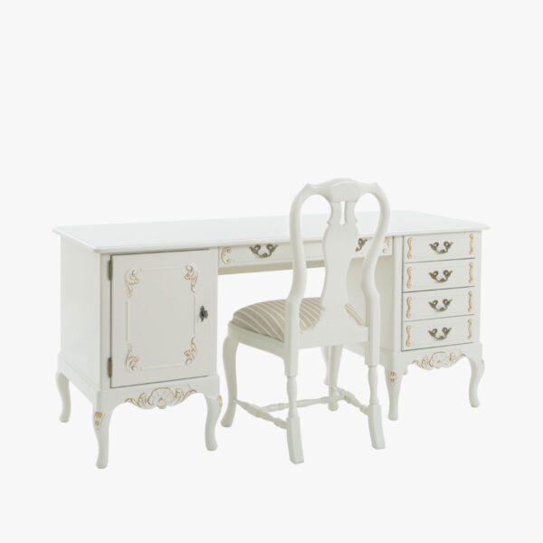 Talonpoikaisrokokoo kirjoituspöytä, väri helmenharmaa-kulta. Tuolin verhoilukankaana Line 12 luonnonvalkoinen.