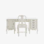 Talonpoikaisrokokoo kirjoituspöytä, väri helmenharmaa-kulta. Tuolin verhoilukankaana Line 12 luonnonvalkoinen.