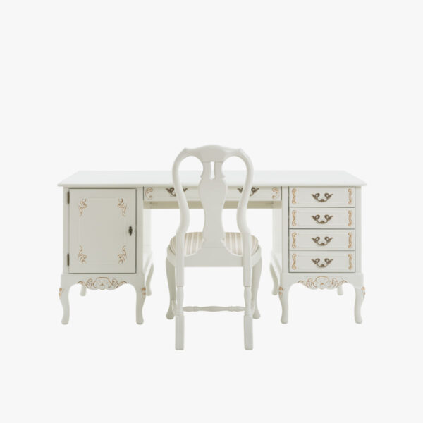 Talonpoikaisrokokoo kirjoituspöytä, väri helmenharmaa-kulta. Tuolin verhoilukankaana Line 12 luonnonvalkoinen.