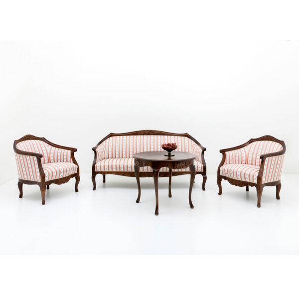 Talonpoikaisrokokoo sohva ja kaksi nojatuolia. Väri amerikanpähkinä, verhoilu Mozart rosa.