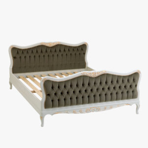 Talonpoikaisrokokoo sänky verhoiltu, väri helmenharmaa-kulta, verhoiluna vihertävä mohairsametti (tämän kankaan valmistus loppunut).