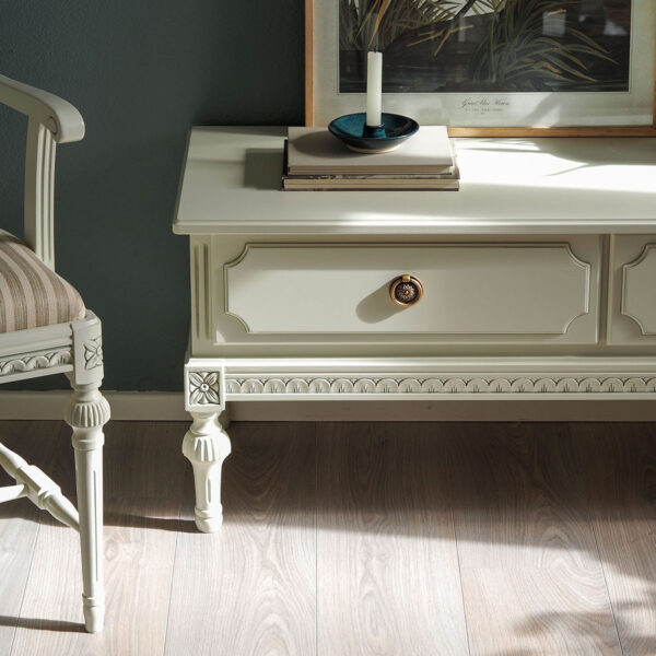 Kustavilainen 2-osainen tv-taso, väri helmenharmaa-patina